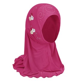Girls Ice Silk Muslim Khimar Hijab Headscarf Flower Arab Scarf Shawls Stretch Turban Neck Wrap Islamic Head Wrap for Age 2-7 Years Girls
