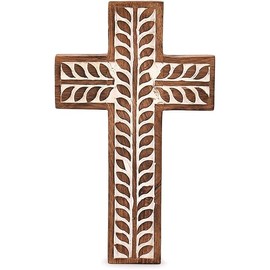 NIRMAN Mango Wood Religious Catholic Cross Wall Hanging Floral Carvings Living Room Home Décor for Entryway Office Living Room (10" x 6" x 0.75")
