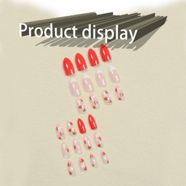 Strawberry Press on Nails Short French Tips Fake Nails with Glossy Red Stick on Nails Youth Designs Cute False Nails Beautiful Almond Acrylic Nails Full Cover Artificial Nails Glue on Nails for Girls