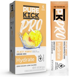 PURE KICK PRO Hydration Electrolyte Drink Mix, Peach Mango, Includes 1 Box with 6 Packets in Each Box