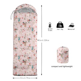 QOOMO Pink Floral Printed Camping Sleeping Bags,3 Season Warm & Cool Weather,Lightweight,Waterproof Sleeping Bags for Adults & Kids,Traveling,and Outdoors,Camping Gear Equipment,31x90inch