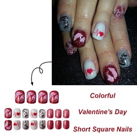 Valentine Press on Nails Short Square Fake Nails Full Cover Valentine Stick on Nails Electrocardiogram Lip Print Designs False Nails Valentine Glue on Nails for Women 24Pcs