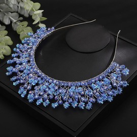 Teyglen Wedding Flower Crystal Beads Tiara Hair Crown Vinatge White Blue Pink Beads Headband Tiara Handmade Hair Band Floral Headpieces Hair Accessories for Women Party Prom (Blue)