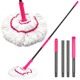 NEWE Self Wringing Twist Mop for Floor Cleaning, Upgraded 18-inch Wide Microfiber Mops, 55 inches Long Handle Wet Dry Kitchen Easy Squeeze String Mop for Wood, Hardwood, Tile, Marble (Rose Red)