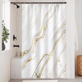 Uiiooazy Blue and White Shower Curtain, Yellow Marble Effect Bath Curtain Anti-Mould Waterproof Washable Polyester Fabric Bathroom Curtains with 8 Hooks 120 x 200 cm
