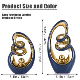 GAOSHENG Blue Gold Ceramic Abstract Sculpture, Modern Art Deco Statues With Gold Accents For Home, Tv Stand Decor Centerpieces