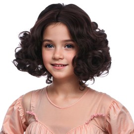 PATTNIUM Kids Brown Wig Girls Short Curly Brown Wig Child Dark Brown Wig with Green Glasses Synthetic Wig with Wig Cap
