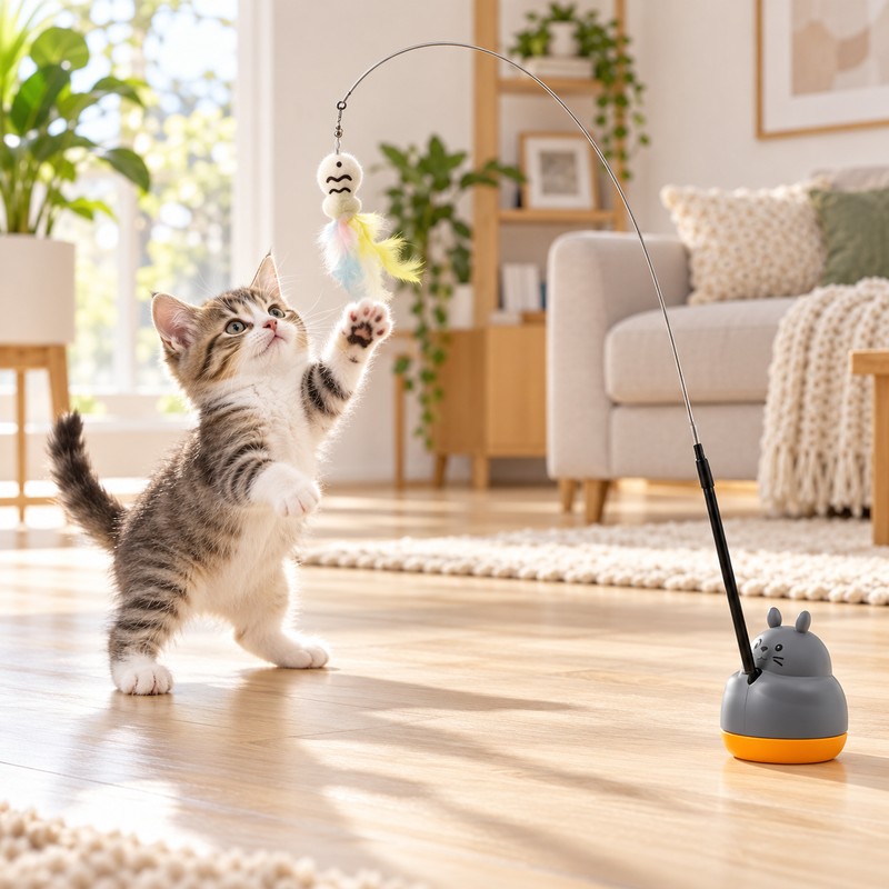 Rotating Base Cat Teaser Wand for Indoor Play – Long