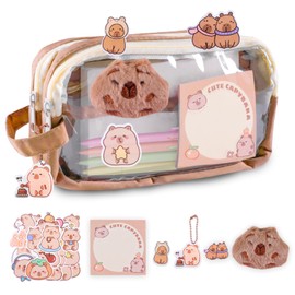 SHANFAA Cute Capybara Pen Case Set, Transparent Capybara Pen Bag with Compartments, Capybara School Supplies with Sticker Pendant, Cute Pins Plush and Memo Pad, brown, Beautiful