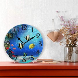 Naanle 3D Stylish Underwater World with Fish and Plants Print Round Wall Clock Decorative, 9.5 Inch Battery Operated Quartz Analog Quiet Desk Clock for Home,Office,School