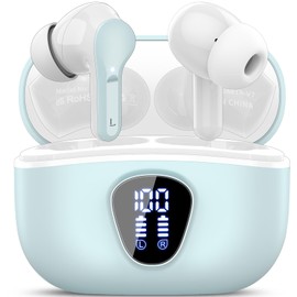 Wireless Earbuds, Bluetooth 5.4 Headphones HiFi Stereo, Bluetooth Earbuds with ENC Noise Cancelling Mic, IP7 Waterproof in Ear Earphones, 48H, LED Display Ear buds for Pad Workout Sports, Light Cyan