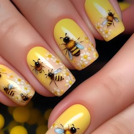 24PCS Cute Bee Press on Nails Yellow Flower False Nails Medium Square Artificial Nails Spring Summer Fake Nails Glossy Full Cover Acrylic Nails for Women