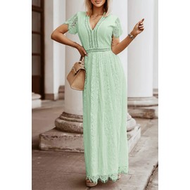 MEROKEETY Women's 2024 V Neck Short Sleeve Floral Lace Wedding Dress Bridesmaid Cocktail Party Maxi Dress, Mint, X-Large