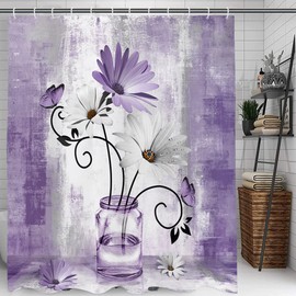 Uokiuki Rustic Farmhouse Floral Shower Curtain, Country Farm Purple Daisy Flowers Butterfly Abstract Shower Curtain Set, Violet Shower Curtains Farmhouse Bathroom Accessories with 12PCS Hooks,70X70IN