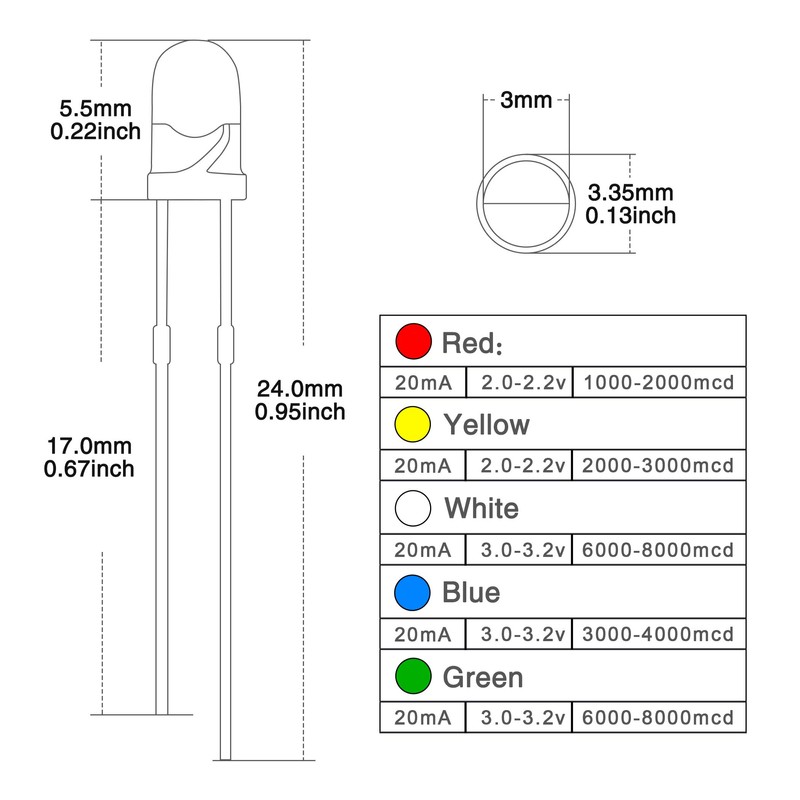 DiCUNO 1000pcs 3mm Light Emitting Diode LED Lamp Assorted Kit