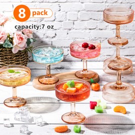 Teenyyou 8 Pcs Ribbed Vintage Coupe Glasses 7 oz Martini Glasses Champagne Coupe Classic Cocktail Glassware Reusable Ribbed Glassware for Champagne Cocktail Martini European Style (Champagne Pink)