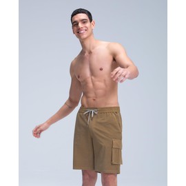 MaaMgic Mens Swim Trunks 9'' Compression Liner 2 in 1 Cargo Shorts Quick Dry Bathing Suit with Pockets,Khaki,X-Large