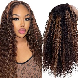 AiPliantfis Curly Wave Human Hair Wig Brown Echthaar Perücke Damen 4X1 Lace Glueless Wig Wear and Go P430 Highlight Pre Plucked 150% Density Unprocessed Brazilian Remy Hair 26 Zoll