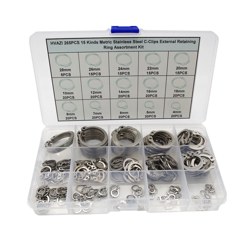 HVAZI 265PCS Metric 304 Stainless Steel C-Clips External Retaining Ring