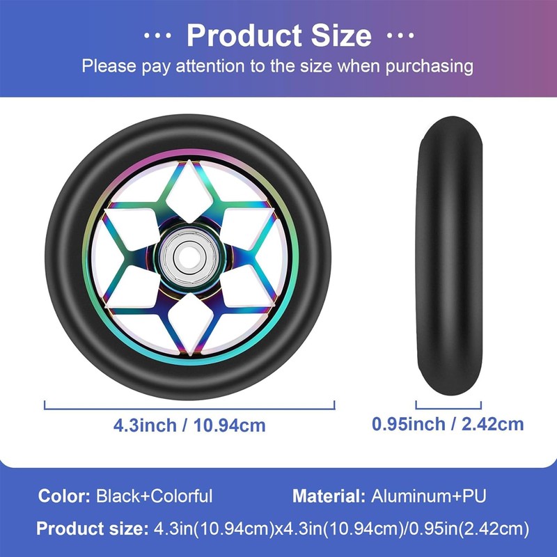 YoyoMeta 2 Pcs 110mm Scooter Wheels, Colorful Pu Wheels Thick