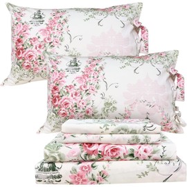 ABREEZE Sheets Set Queen Floral Sheets 100% Cotton Elegant Farmhouse Bedding Bed Sheets Pink Tower Flower Printed Bed Sheet Soft Deep Pocket Sheet 17.5'' 4 Pcs