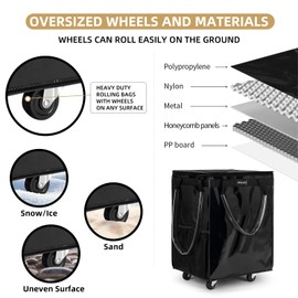 Xiktslin Reusable Grocery Bag on Wheels, Foldable Rolling Tote, Large Black 76 lbs Capacity Shopping Trolley, Rolling Bag with Handles, Zipper Clouser Rolling Tote Bag with Wheels for Trips, Laundry
