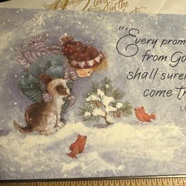 Vtg Christmas Card UNUSED Girl Looking at Tiny Pine Tree Puppy Cardinals W/env