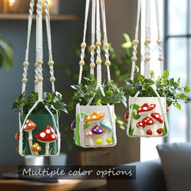GUGUGO Colorful Hanging Mushrooms Planters, Cute Unique Hanging Pots with Macrame Plant Hangers for Indoor Plants, Small Boho Hanging Plant Pot with Drainage, Funky Gandening Gift for Plant Lover