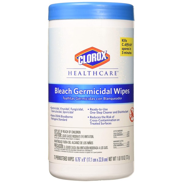 Clorox Healthcare Bleach Germicidal Wipes, 6 3/4 x 9, Unscented, 70/Canister
