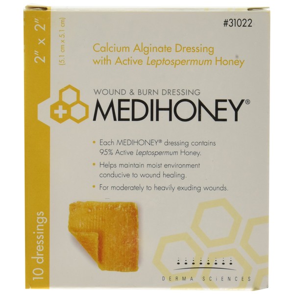 Derma Sciences 31022 Medihoney Calcium Alginate Dressing, 2" Width x 2" Length (Pack of 10)