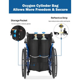 JOYTUTUS Dual Oxygen Tank Holder for Wheelchair, Portable D & E Cylinder Transport Bag, Oxygen Cylinder Bag with Storage Pocket and Adjustable Straps, Fit for Walker, Rollator, Scooter