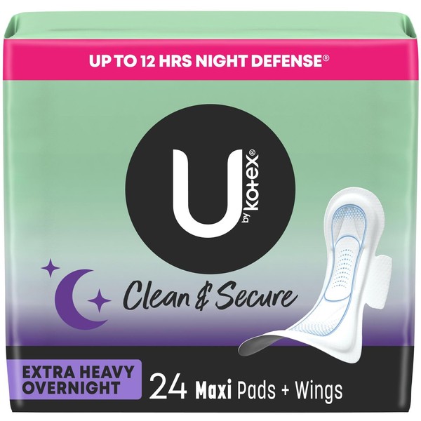 U by Kotex Clean & Secure Overnight Maxi Pads with Wings (Previously 'Security'), Extra Heavy Absorbency, 24 Count (2 Packs of 12) (Packaging May Vary)