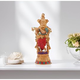 Purpledip Brass Idol Krishna: Gemstones Overlay Statue for Home Temple (11236)