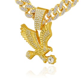 Generic Dazzling Animal Eagle Cuban Link Chain Pendant Necklace for Men Boys,Chunky Hawk Charm Bling Iced-out Necklace Bald Eagle Wings Neckalce Fashion Biker Cool Anime Hip hop Jewelry, Large, Gold