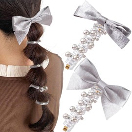 SmallCat 2PCS Bow Spiral Hair Ties with Beads, Bowknot Artificial Pearl Phone Cord Shape Hair Bands, Elastic Rubber Ponytail Holders for Women, No Crease Hairstyles Accessories for Long Curly - Silver