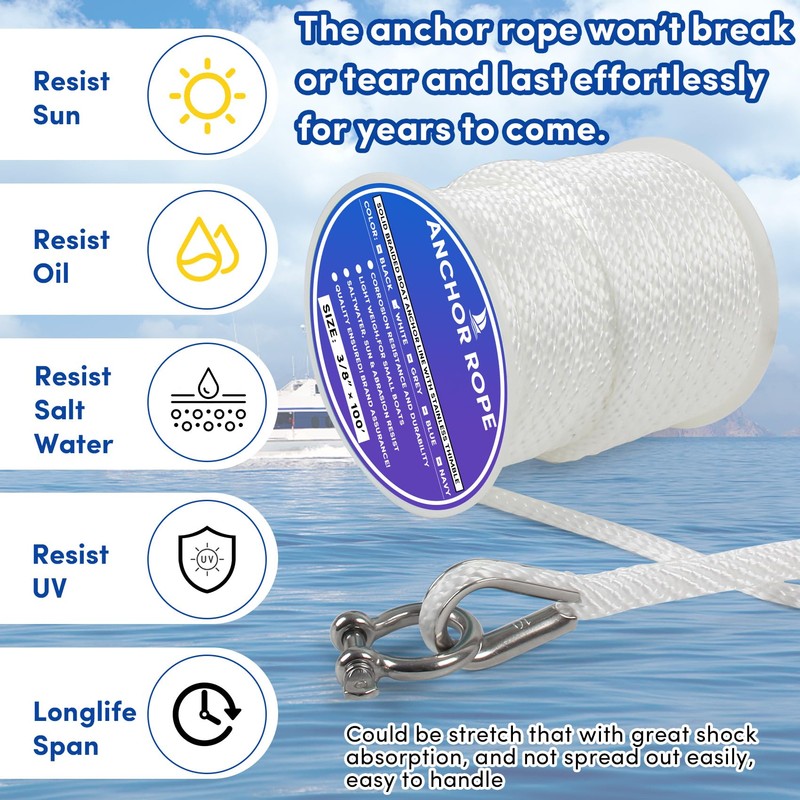 Premium Anchor Rope 100 ft x 3/8 inch, Solid Braid