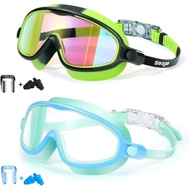 Seago Swim Goggles 2 Pack Anti-Fog Anti-UV Wide View Swimming Goggles for Kids 3-14