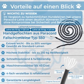 Test note: very good reflective dog lead, 3 m, adjustable, weatherproof and tear-resistant up to 250 kg, paracord lead, shoulder lead, small and large dogs