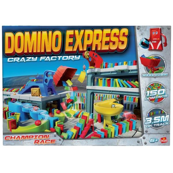 Goliath - Domino Express - Crazy Factory - Gioco di costruzione - Fabbrica di Domino - Circuito lungo 3,5 metri - Giocare da solo, in famiglia o tra amici - Da 6 anni
