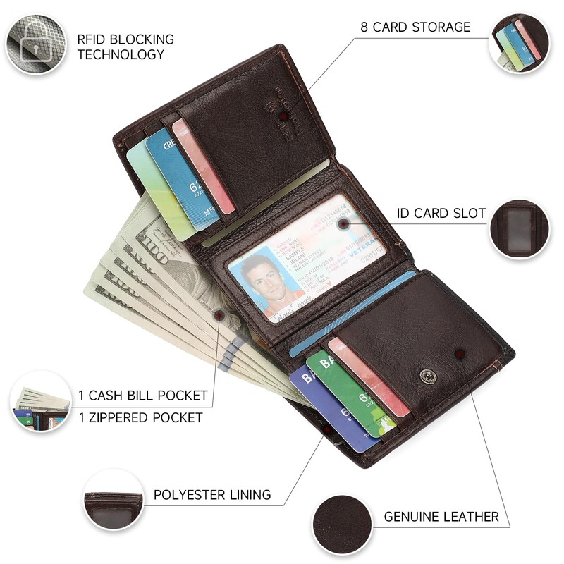 LOUEBICA Men's Genuine Leather Wallet Trifold Wallet RFID Blocking Minimalist