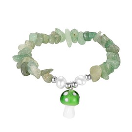 Bohemian Gemstone Natural Stone Crystal Bead Bracelet Adjustable Boho Gravel Chip Evil Eye Charm Mushroom Bracelet for Women Friend Amulet Stackable Summer Beach Jewelry-G green-1
