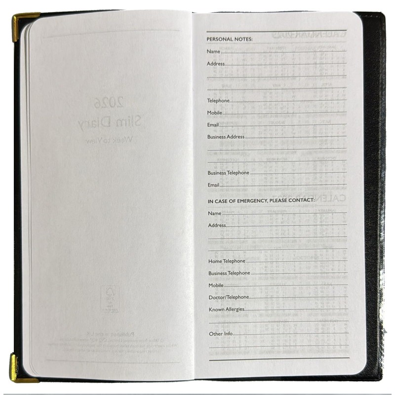 2026 Diary Slim Size Week to View Diaries Full Year