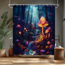 Mushroom Shower Curtain Vintage Botanical Fantasy Mushroom Forest River Fairy Tale Wonderland Polyester Bathroom Curtains Set with Hooks 70"x70"