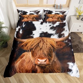 Highland Cattle Duvet Cover Set Single Size,Cow Fur Bedding Set for Kids Teens Boys Girls Room Decor,Farmhouse Animals Cowhide Comforter Cover Black White Brown Rustic Quilt Cover with 1 Pillowcase