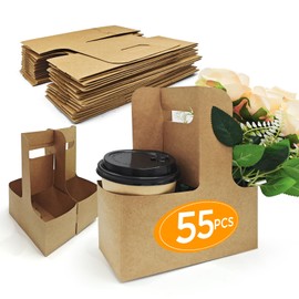 MIQQFUT 55pcs Drink Carrier With Handle 2 Or 4 Cups Cardboard Cup Holders Paperboard To Go Cup Holder For Hot Or Cold Drinks Coffee Carrier Food Delivery Disposable Foldable