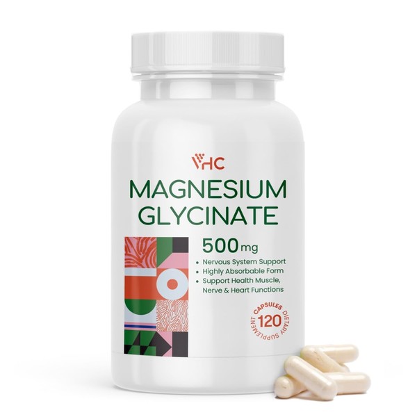 VHC Magnesium Glycinate 500mg Supplement Capsules, High Absorption- Gentle Form,Highly