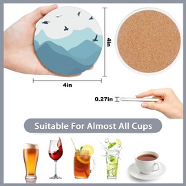 Drink Coasters Set of 6 with Holder,Misty Forest Mountains and Birds Absorbent Ceramic Coasters with Cork Base,Fit All Cups,Tabletop Protection Mat for Mugs and Cups,Office,Kitchen