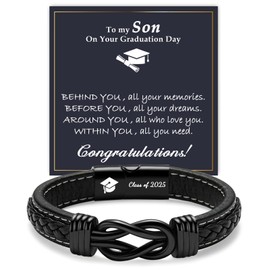YBISNAIRE Graduation Gifts for Him Boy Son 2025 High School College Class of 2025 Graduation Gifts for Son from Mom Dad, Cool Love Knot Infinity Engraved Leather Bracelets for Men Boys