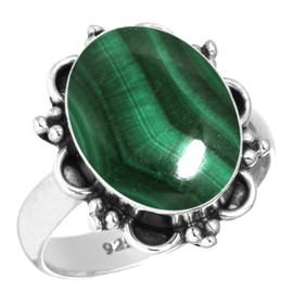 Jeweloporium 925 Sterling Silver Ring for Women Green Natural Malachite Gemstone Boho Silver Ring Size S Mothers' Day Gift Statement Jewelry
