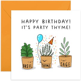 Old English Co. Funny Birthday Card for Him and Her - 'Party Thyme' Funny Herb Food Pun Birthday Card for Men Women - Card for Sister, Brother, Best Friend, Cousin | Blank Inside